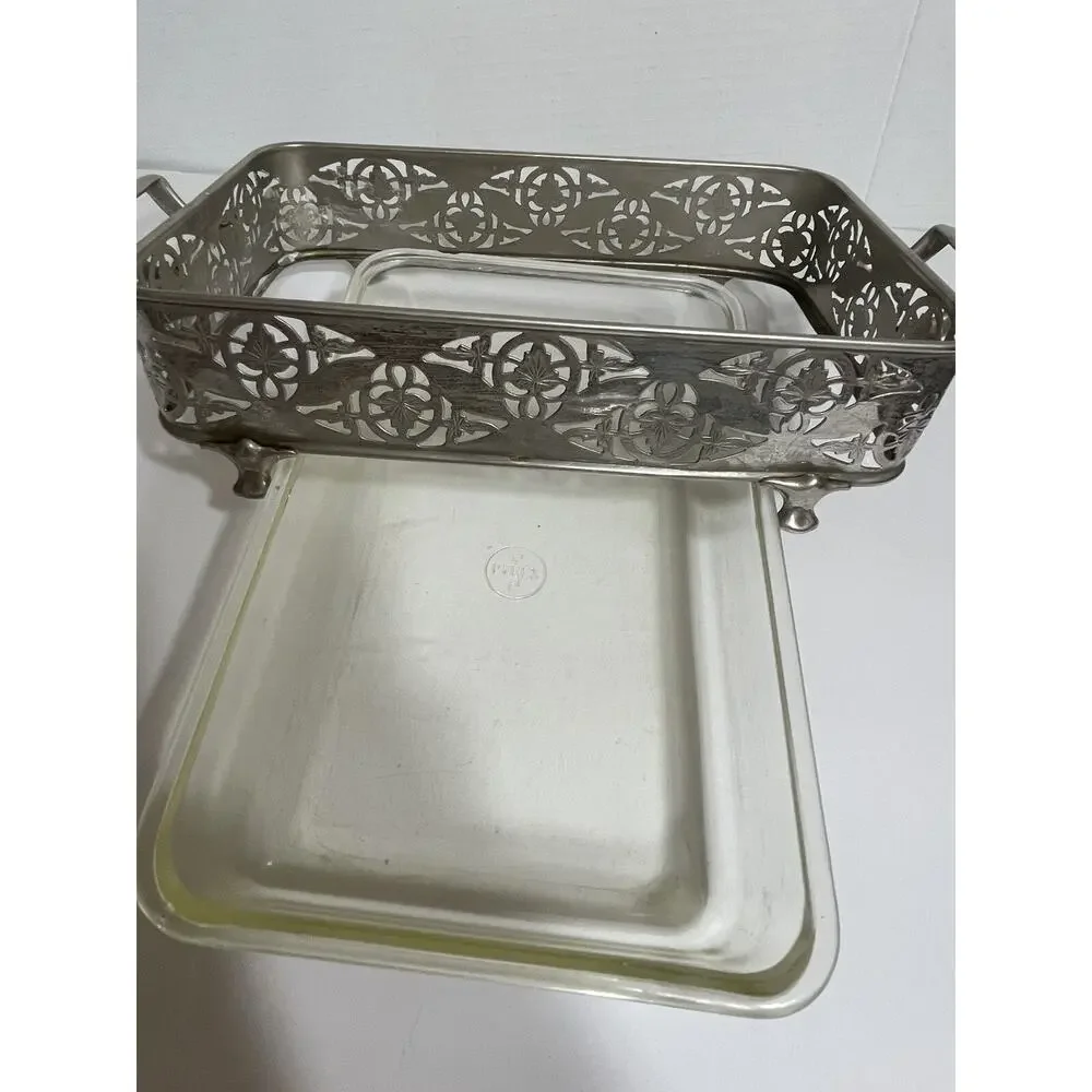 Vtg Footed Rectangular Serving Tray With‎ Pyrex Serving Dish